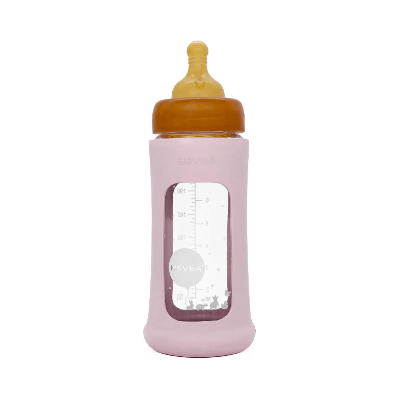 Hevea Wide Neck Baby Glass Bottle with Sleeve- 250ml/8.5oz, single Glass Bottle Hevea Powder Pink