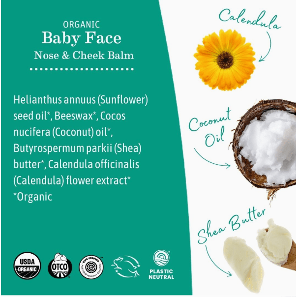 Baby Face nose and cheek balm packaging with ingredients and branding details.