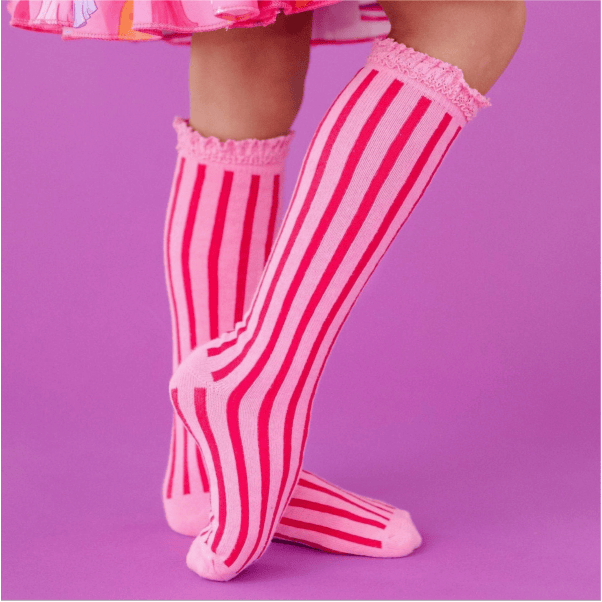 Little Stocking Co.- Lace Top Knee High Socks-Taffy Stripe kids socks Little Stocking Co.