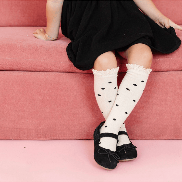 Little Stocking Co.- Lace Top Knee High Socks-Vanilla Dot kids socks Little Stocking Co.
