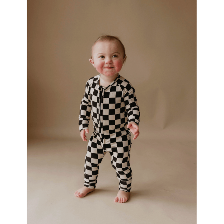 Forever French Baby Bamboo Zip Pajamas- Black Checkerboard