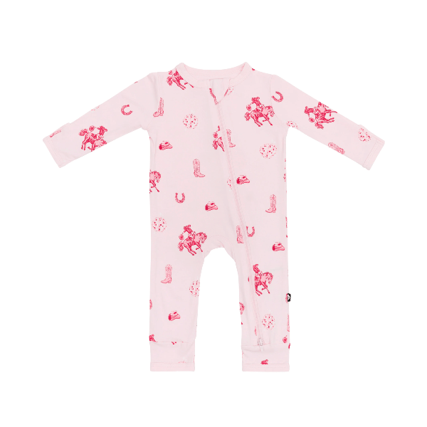 Baby onesie with pink and red patterns on a white background