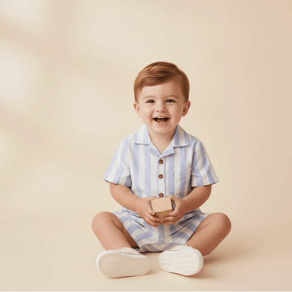 Makemake Organics Collared Romper- Blue Stripes Romper Makemake Organics