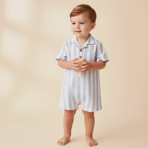 Makemake Organics Collared Romper- Blue Stripes Romper Makemake Organics