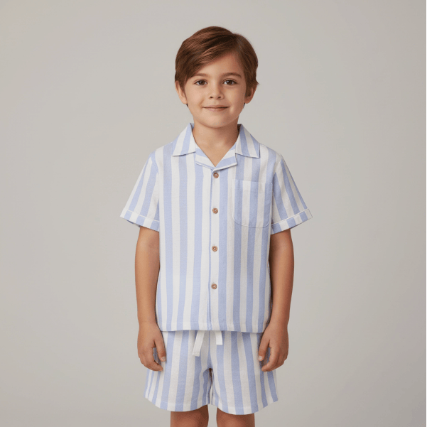 Makemake Organics- Shirt & Short Set- Blue Stripe Tops & Bottoms Makemake Organics