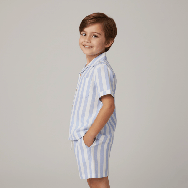 Makemake Organics- Shirt & Short Set- Blue Stripe Tops & Bottoms Makemake Organics