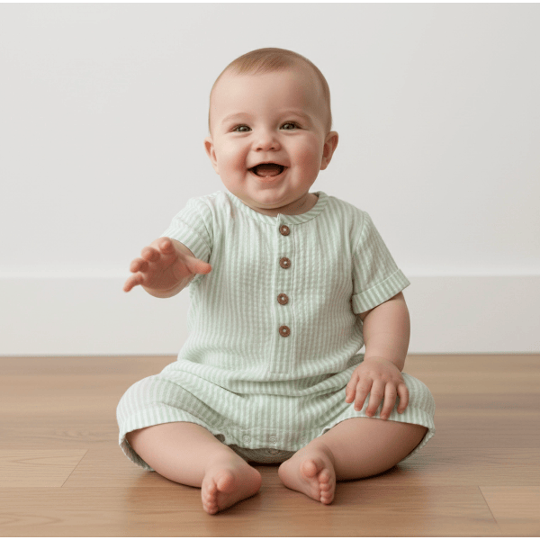 Makemake Organics Short Bubble Romper - Basil Stripes Romper Makemake Organics