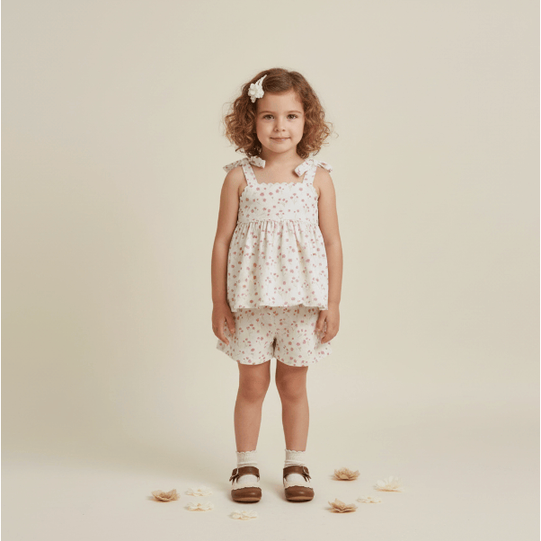 Makemake Organics Tie Up Top & Shorts Set- Pink Bloom Tops & Bottoms Makemake Organics