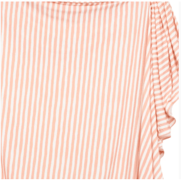 Close-up of a pink and white striped fabric with ruffled edge.