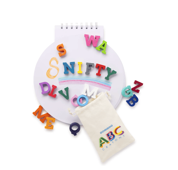 Colorful alphabet letters scattered around a notepad with &