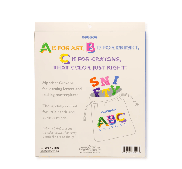 Packaging of alphabet crayons with colorful text and a drawstring bag illustration.