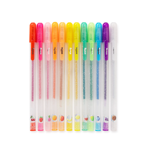 Set of colorful gel pens with visible brand name on a white background