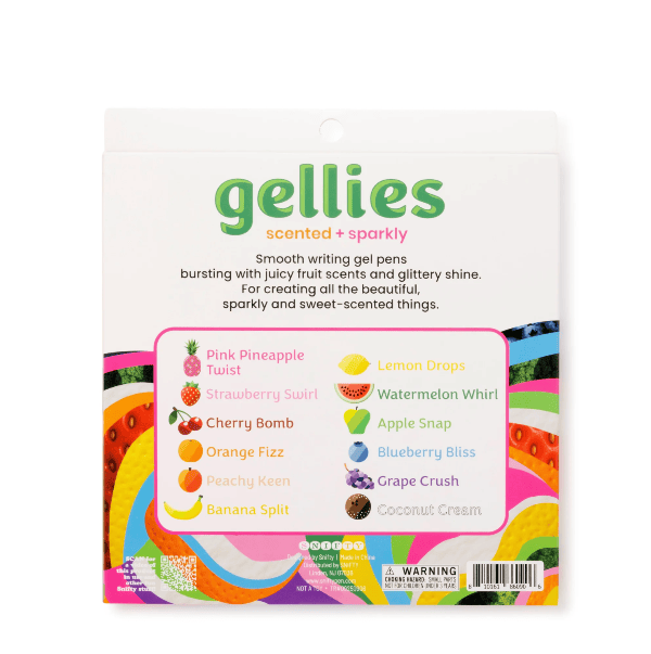 Gellies scented gel pens packaging with flavor options on a white background