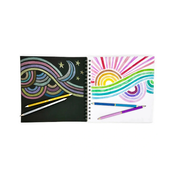 Two notebooks with colorful designs and pencils on a white background