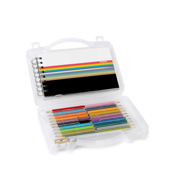 Set of colorful pens in a transparent case on a white background