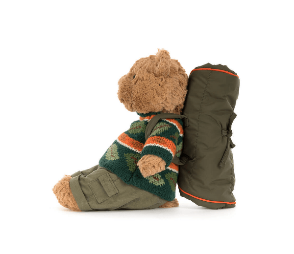 Teddy bear wearing a sweater and pants with a backpack on a white background