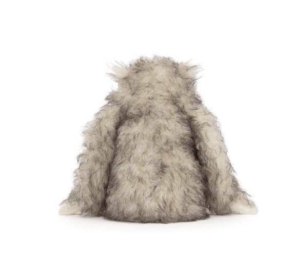 Gray plush toy with a white background