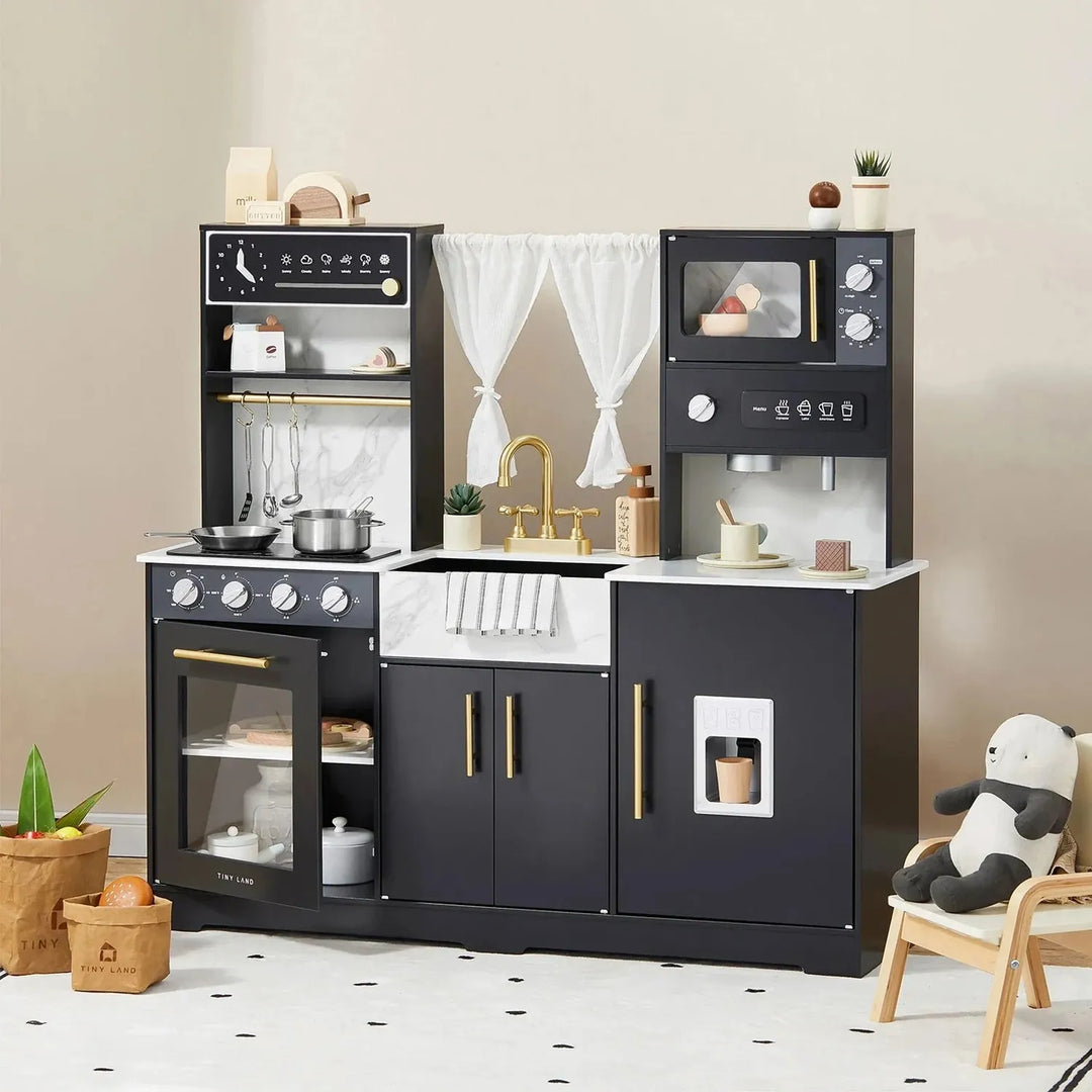Tiny Land® Iconic Wooden Play Kitchen – Black Pretend Cooking Set for Kids Toy Tiny Land