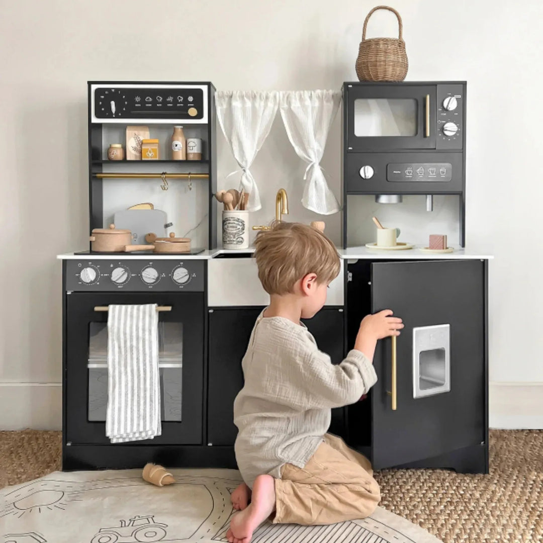 Tiny Land® Iconic Wooden Play Kitchen – Black Pretend Cooking Set for Kids Toy Tiny Land