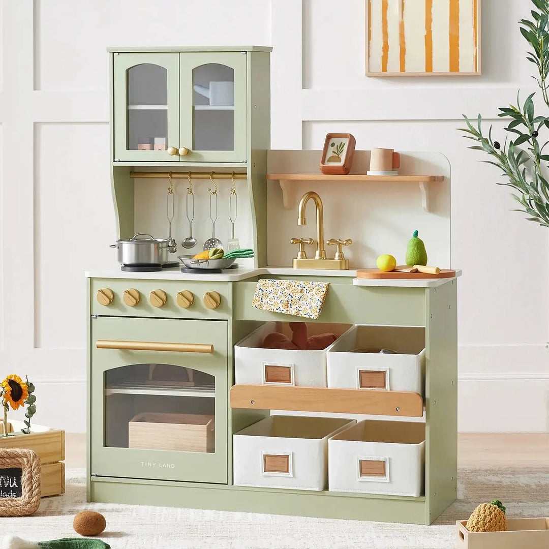 Tiny Land® Pretend Play Kitchen for Toddlers - Serenity Wooden Kitchen – Green Toy Tiny Land