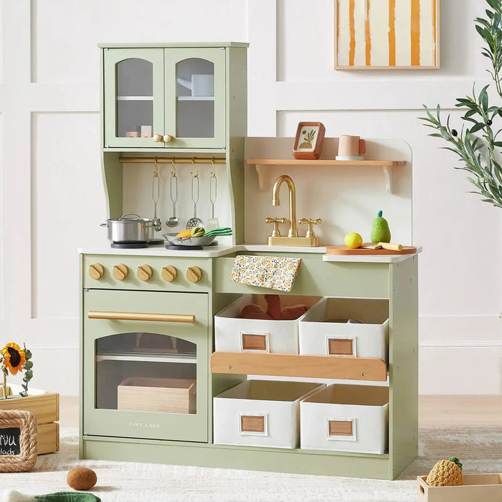 Tiny Land® Pretend Play Kitchen for Toddlers - Serenity Wooden Kitchen – Green Toy Tiny Land