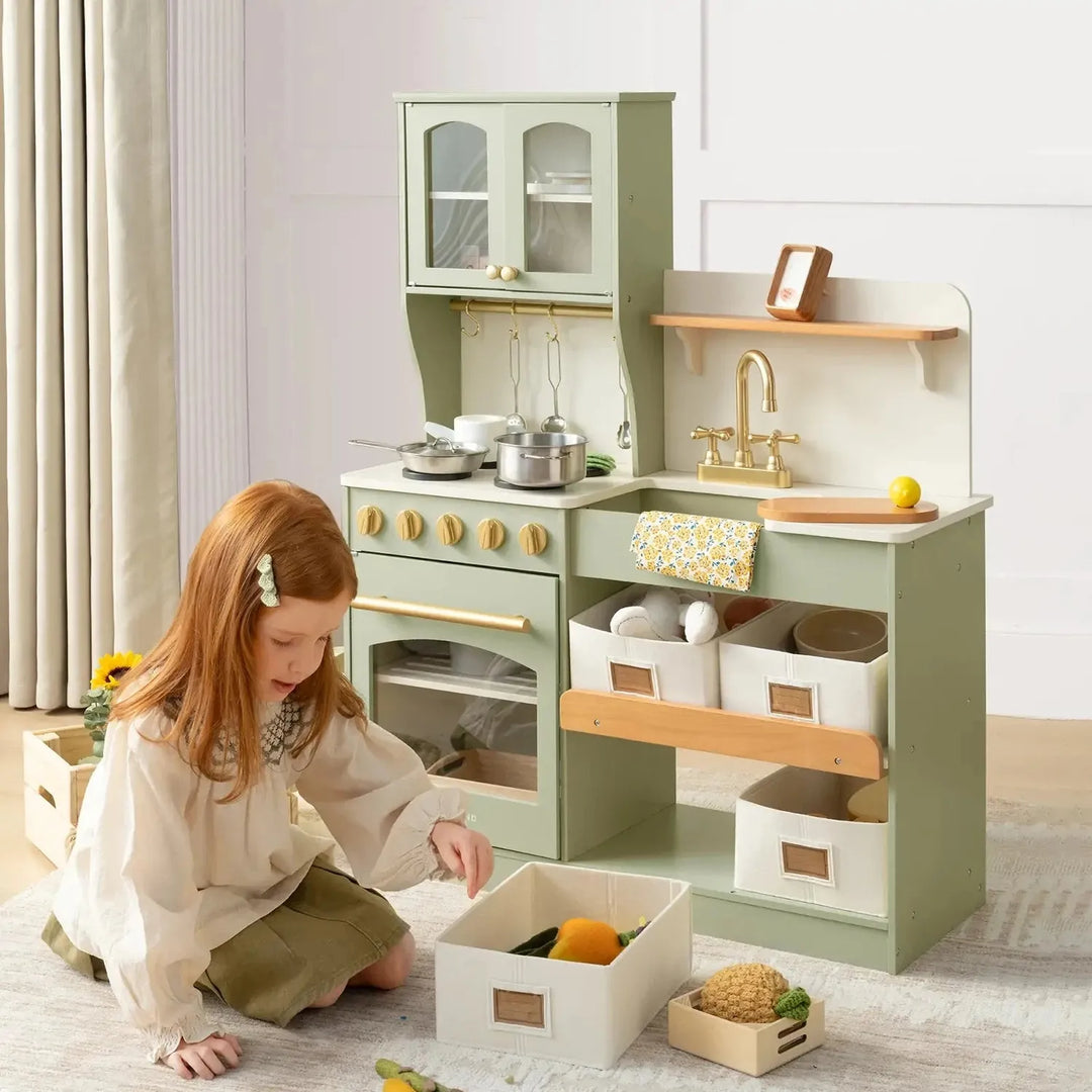 Tiny Land® Pretend Play Kitchen for Toddlers - Serenity Wooden Kitchen – Green Toy Tiny Land