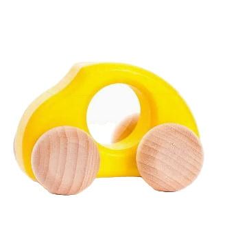 Yellow toy car with wooden wheels on a white background
