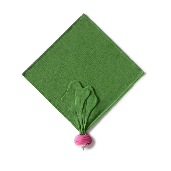 Green textured square with a pink radish and leaf-like design on a white background