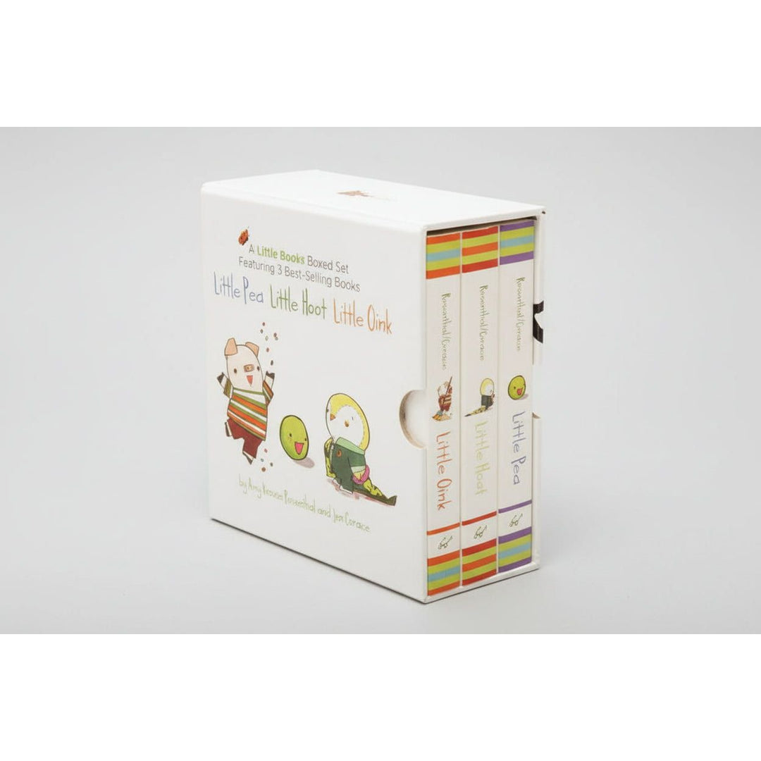 Set of children's books titled 'Little Pea', 'Little Hoot', and 'Little Oink' with colorful spines.