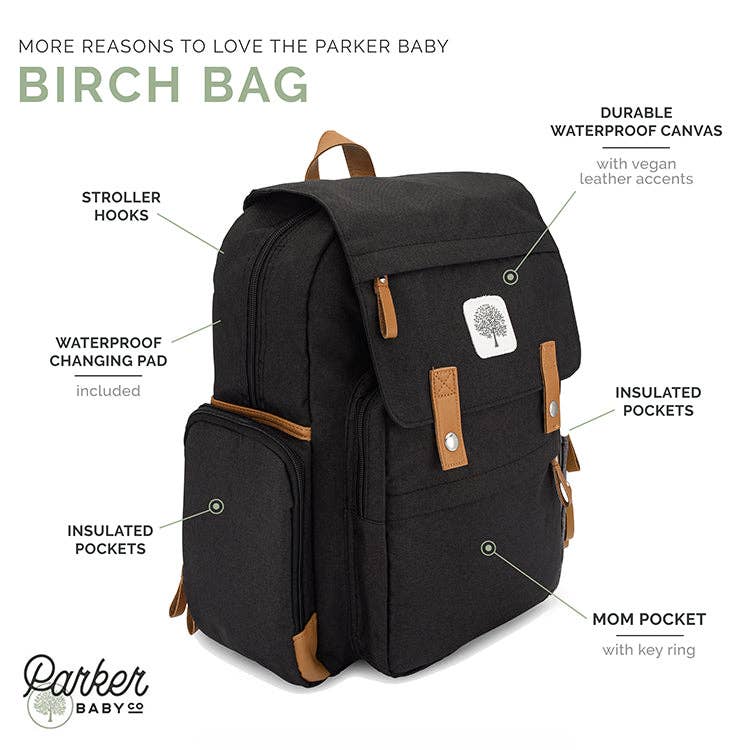 Parker Baby Company Birch Bag - Diaper Backpack in Black Diaper Bag Parker Baby Co