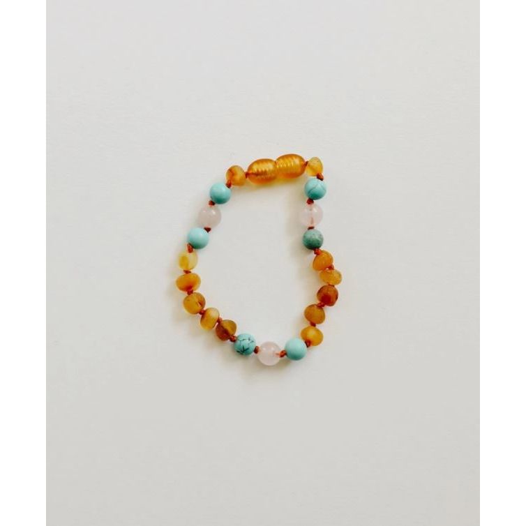 Canyonleaf Raw Honey Baltic Amber + Turquoise + Rose Quartz 5" Baby Bracelet Pacifiers and Teething Canyonleaf