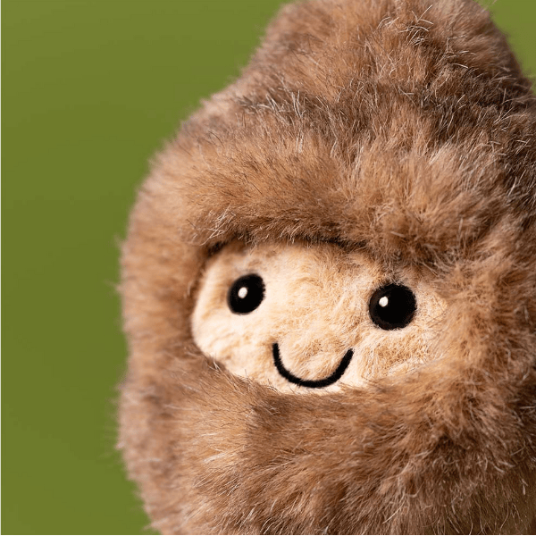 Close-up of a plush toy resembling a character with a brown hood on a green background