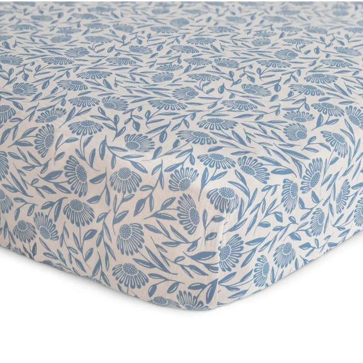 Mushie Extra Soft Muslin Crib Sheet Baby Bedding Mushie Blue Flowers