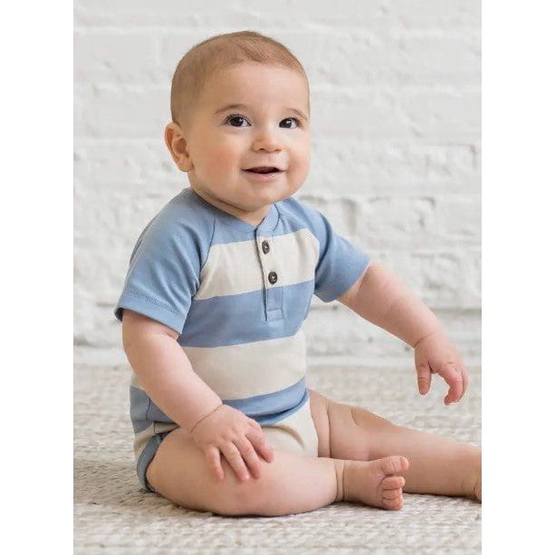 Colored Organics Sosa Raglan Henley Bodysuit - Marco Stripe / Rain + Oat Bodysuit Colored Organics