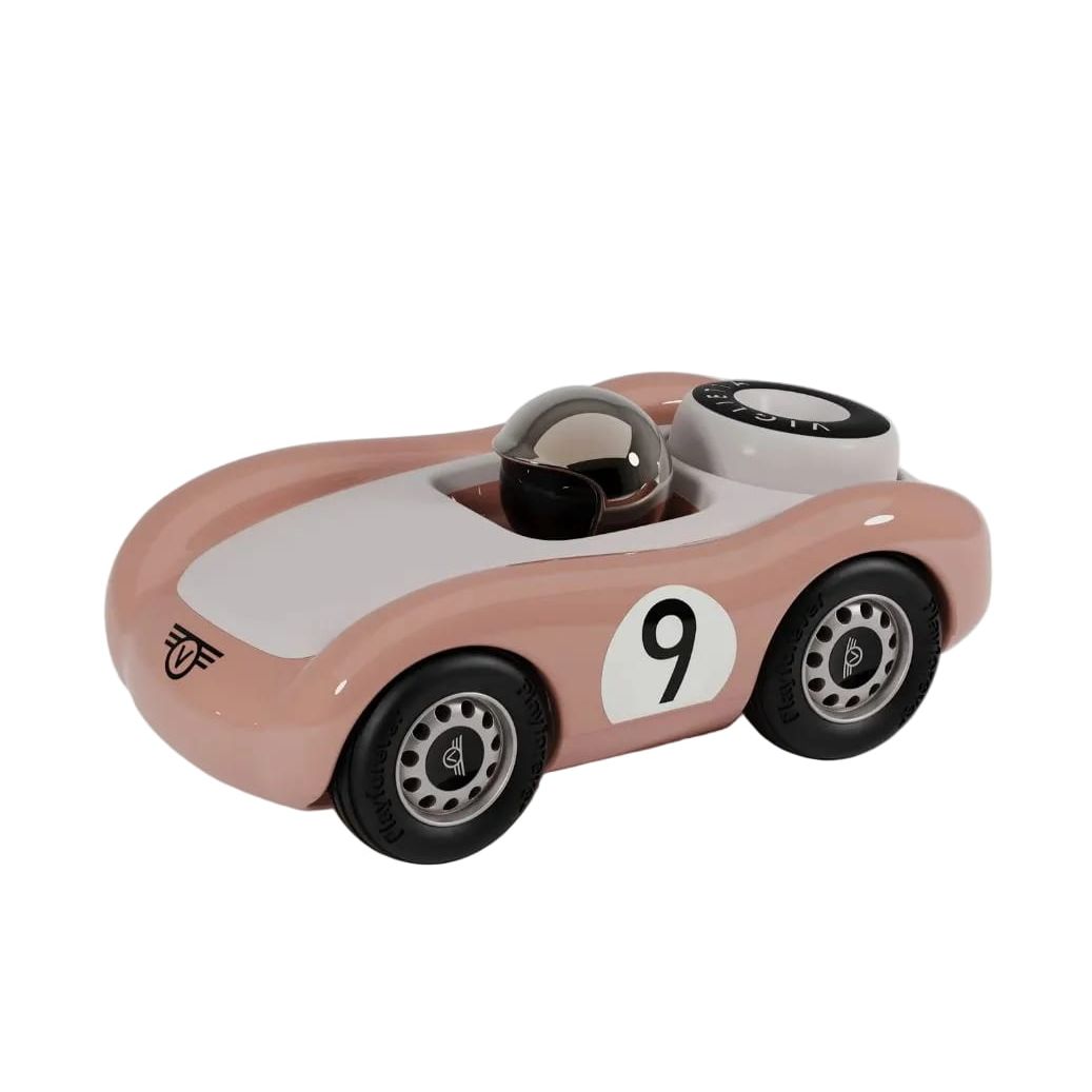 Pink toy race car with number 9 on a white background