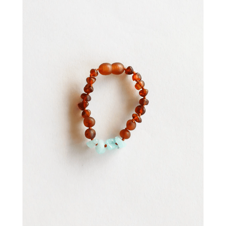 Kids Raw Amber Bracelet 5" Teeny Pacifiers and Teething Canyonleaf Raw Cognac Amber and Raw Blue Amazonite  