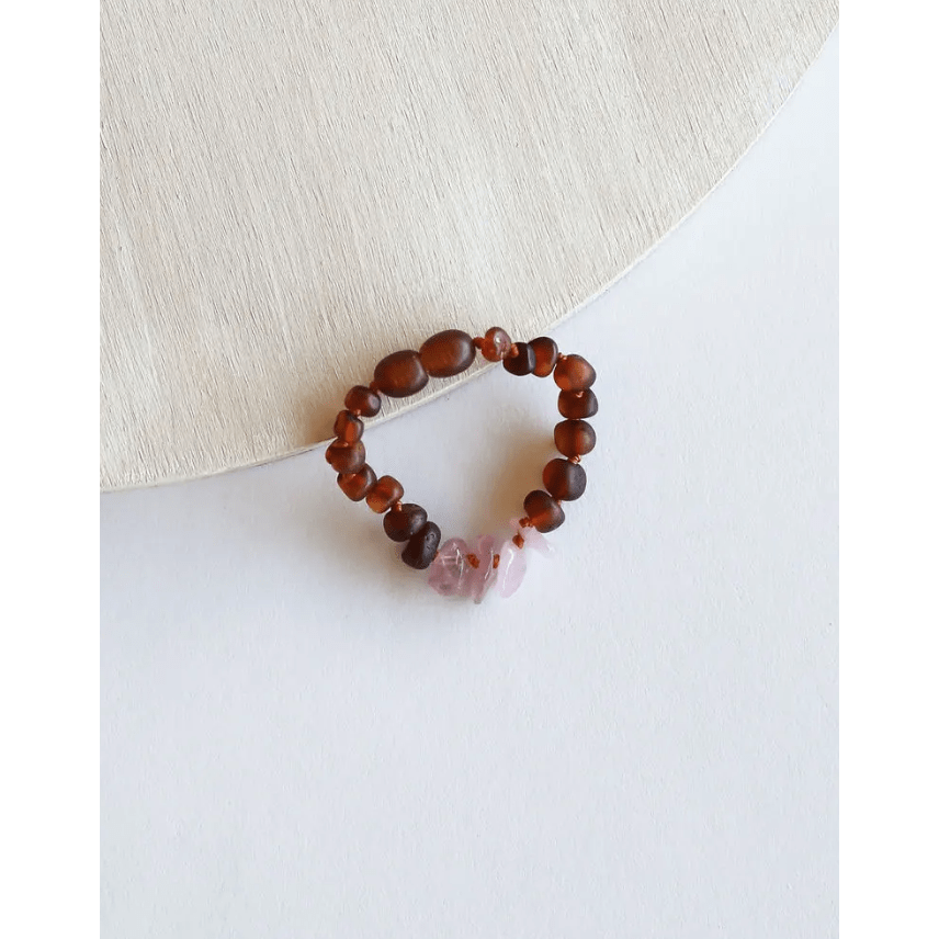 Kids Raw Amber Bracelet 5" Teeny Pacifiers and Teething Canyonleaf Raw Cognac Amber and Raw Rose Quartz  