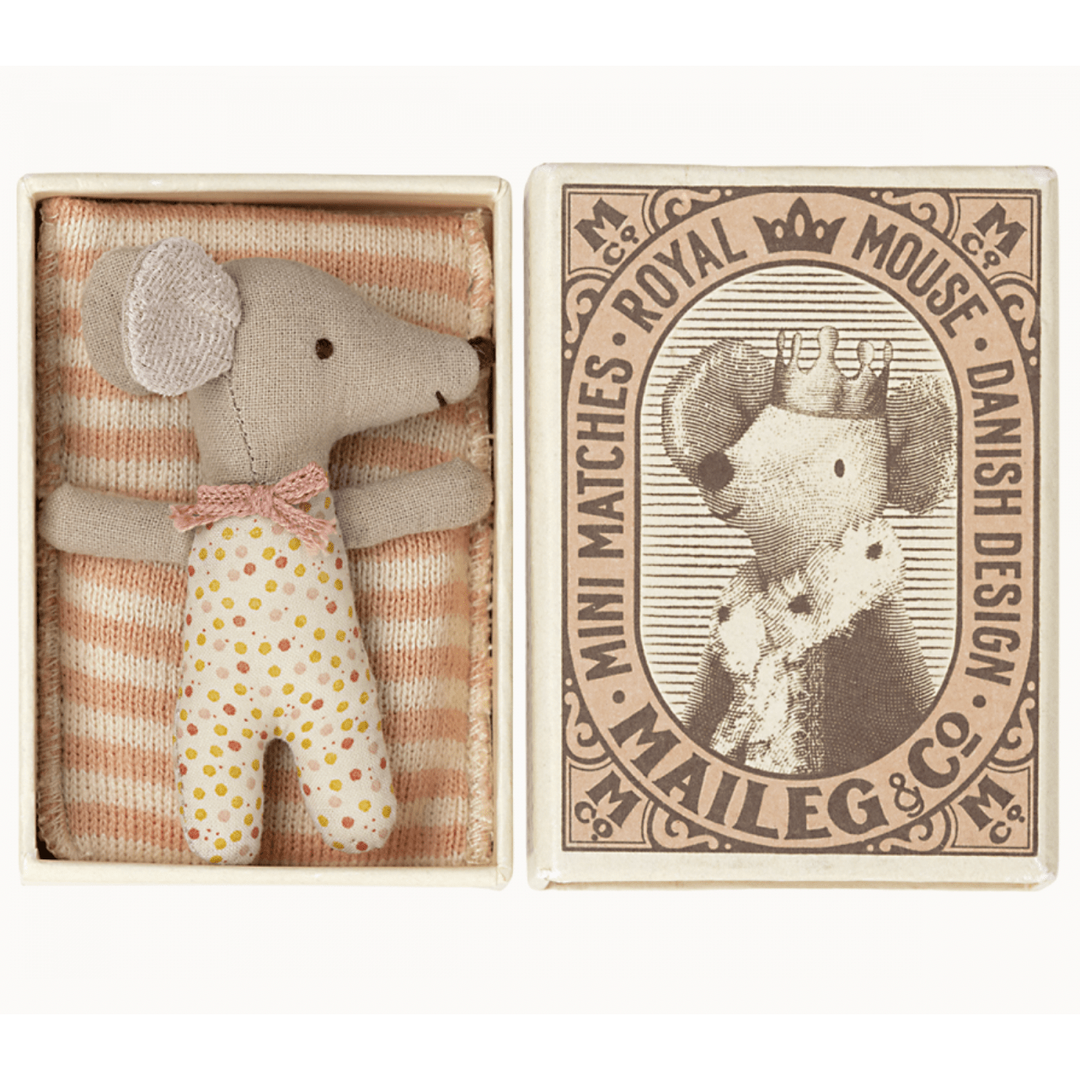 Maileg Sleepy Wakey Baby Mouse In Matchbox- Rose Mice Maileg   