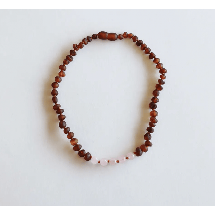 Kids Raw Cognac Amber + Rose Quartz Necklace Pacifiers and Teething Canyonleaf   