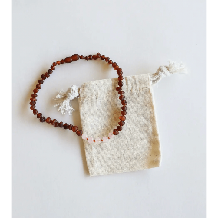 Kids Raw Cognac Amber + Rose Quartz Necklace Pacifiers and Teething Canyonleaf   