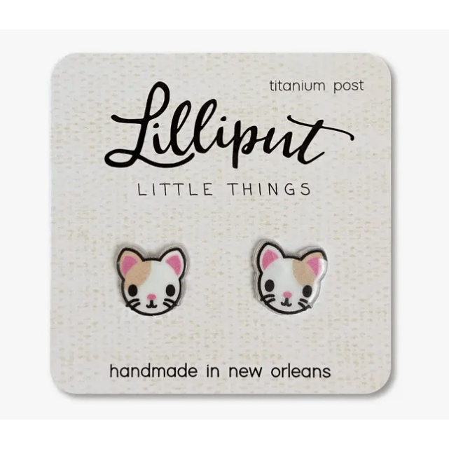 Lilliput Little Things Kitty Cat Earrings - White with Brown Spot Apparel Accessories Lilliput Little Things   