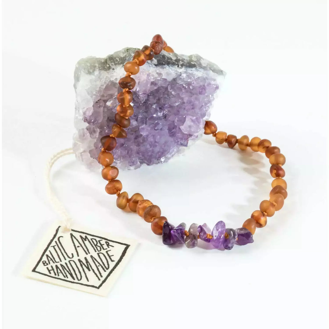 Amber and amethyst teething necklace deals